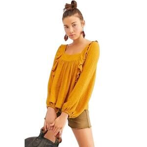 Free People Bonnie Peasant Top Mustard Yellow Ruffle Front Square Neck Womens XS